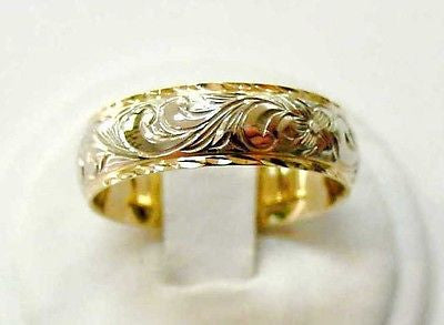 14K SOLID YELLOW WHITE GOLD COMFORT FIT CUSTOM MADE 6MM HAWAIIAN SCROLL RING