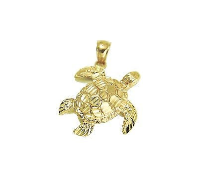 14K SOLID YELLOW GOLD SPARKLY DIAMOND CUT HAWAIIAN SEA TURTLE HONU PENDANT SMALL