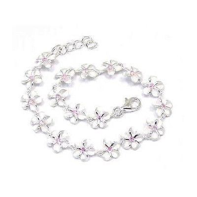 925 STERLING SILVER HAWAIIAN PLUMERIA FLOWER BRACELET PINK CZ 8MM 7"