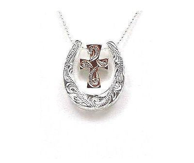 925 STERLING SILVER HIS HERS HAWAIIAN SCROLL PINK GOLD CROSS HORSESHOE PENDANT
