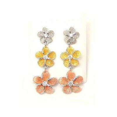 STERLING SILVER TRICOLOR 3 HAWAIIAN PLUMERIA FLOWER DANGLE EARRINGS MEDIUM