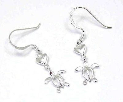 STERLING SILVER 925 HEART DANGLING HAWAIIAN HONU TURTLE WIRE HOOK EARRINGS