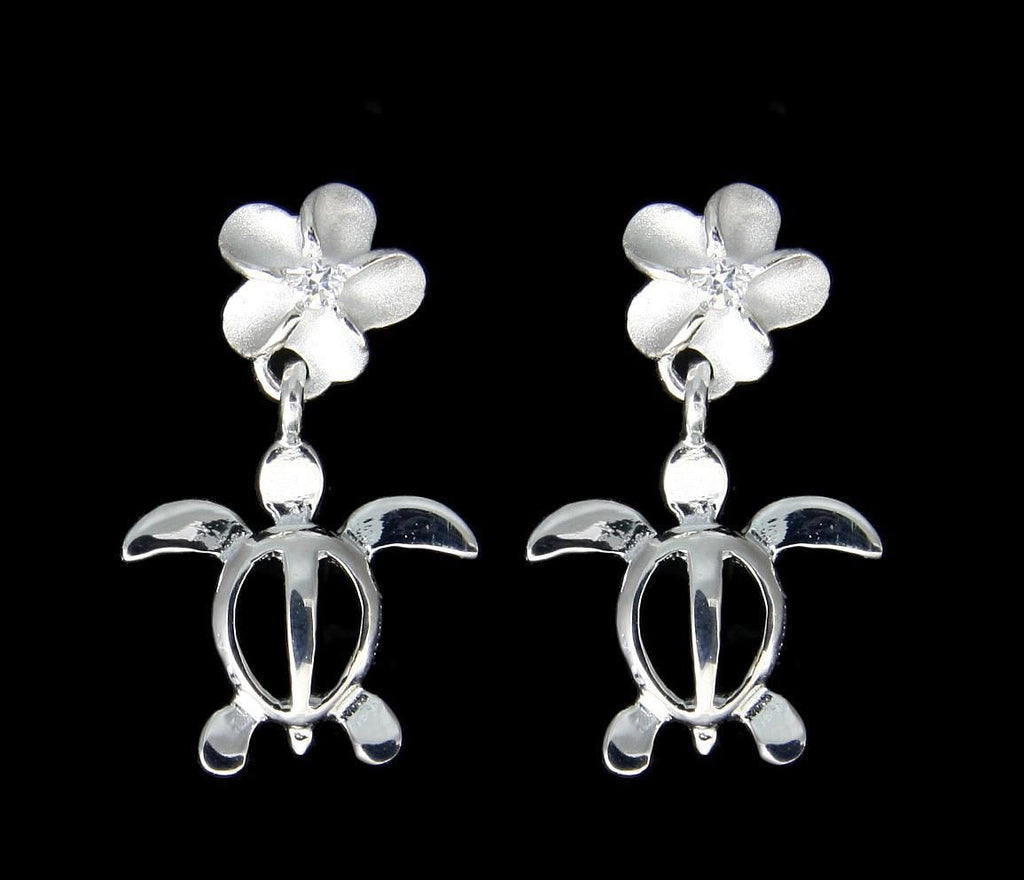 STERLING SILVER 925 HAWAIIAN PLUMERIA FLOWER DANGLE HONU TURTLE POST EARRINGS CZ