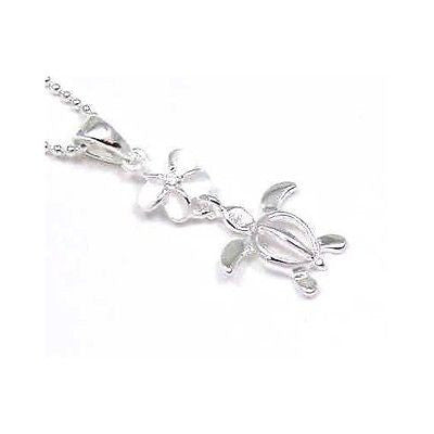 SILVER 925 6MM HAWAIIAN PLUMERIA FLOWER DANGLE HONU SEA TURTLE PENDANT CZ