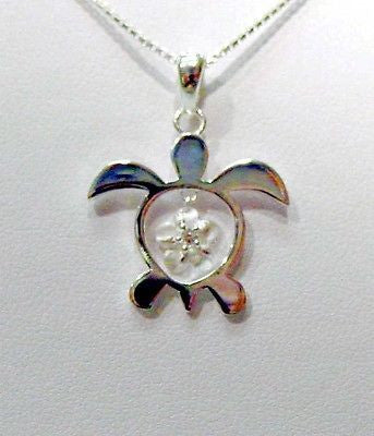 STERLING SILVER 925 HAWAIIAN HONU SEA TURTLE DANGLING PLUMERIA FLOWER CZ PENDANT