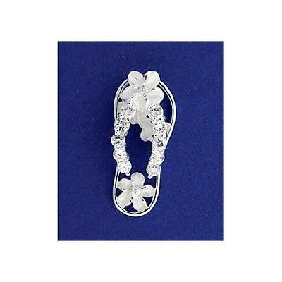 SILVER 925 HAWAIIAN SLIPPER FLIP FLOP THONG PENDANT 4 PLUMERIA FLOWER CZ