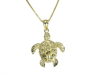 14K SOLID YELLOW GOLD SPARKLY DIAMOND CUT HAWAIIAN SEA TURTLE HONU PENDANT MED.