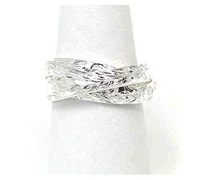 STERLING SILVER 925 3 IN 1 HAWAIIAN ENGRAVED PLUMERIA SCROLL MAILE LEAF RING