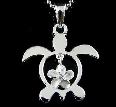 STERLING SILVER 925 HAWAIIAN HONU SEA TURTLE DANGLING PLUMERIA FLOWER CZ PENDANT