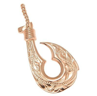 HEAVY SOLID 14K PINK ROSE GOLD REVERSIBLE HAWAIIAN SCROLL FISH HOOK PENDANT