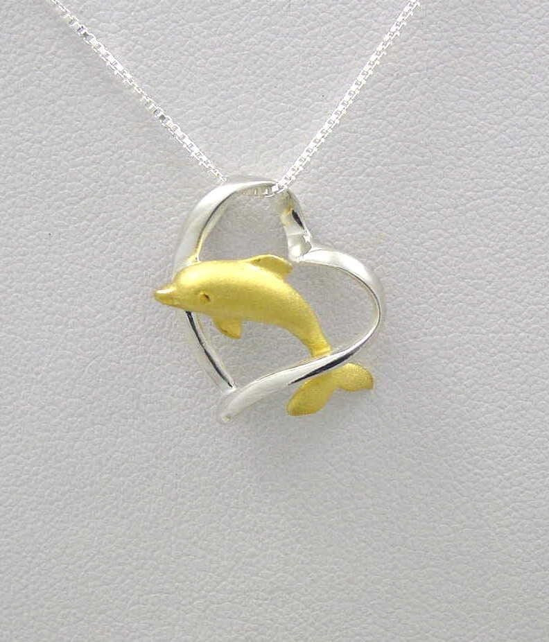 925 SILVER 2 TONE YELLOW GOLD HAWAIIAN DOLPHIN JUMPING THRU HEART SLIDE  PENDANT