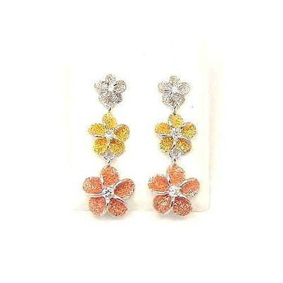 STERLING SILVER TRICOLOR 3 HAWAIIAN PLUMERIA FLOWER DANGLE EARRINGS SMALL