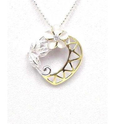 SILVER 925 HAWAIIAN PLUMERIA MAILE LEAF LEAVES HEART PENDANT YELLOW GOLD PLATED