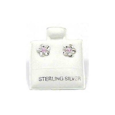 SILVER 925 SHINY HAWAIIAN PLUMERIA EARRINGS PINK CZ 8MM