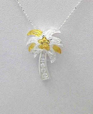 SILVER 925 2 TONE YELLOW HAWAIIAN PLUMERIA FLOWER SCROLL PALM TREE CZ PENDANT