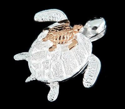 STERLING SILVER 925 HAWAIIAN HONU MOM PINK ROSE GOLD PLATED BABY TURTLE PENDANT