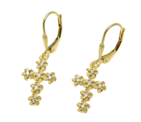 YELLOW GOLD SILVER 925 HAWAIIAN PLUMERIA FLOWER CROSS LEVERBACK EARRINGS