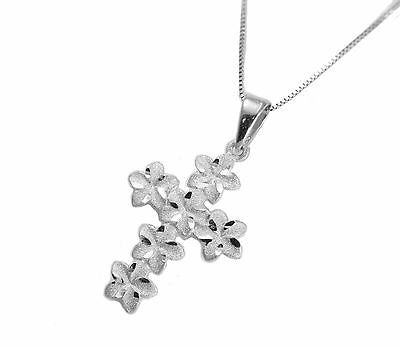 14K SOLID WHITE GOLD HAWAIIAN PLUMERIA FLOWER CROSS PENDANT CHARM