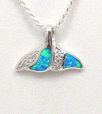 INLAY OPAL HAWAIIAN WHALE TAIL PENDANT 925 STERLING SILVER CZ