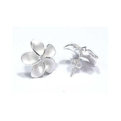 STERLING SILVER 925 HAWAIIAN PLUMERIA FLOWER CZ POST STUD EARRINGS 20MM