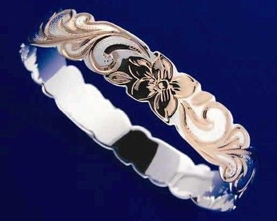 SILVER 925 HAWAIIAN BANGLE BRACELET ROSE GOLD QUEEN SCROLL PLUMERIA CUT OUT 6MM