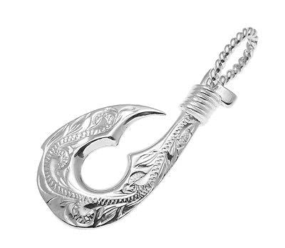 HEAVY SOLID 14K WHITE GOLD REVERSIBLE HAWAIIAN SCROLL ENGRAVED FISH HOOK PENDANT