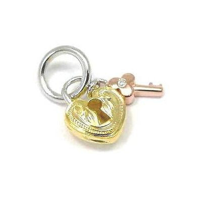 SILVER 925 TRICOLOR HAWAIIAN SCROLL YELLOW HEART LOCK PINK ROSE KEY PENDANT