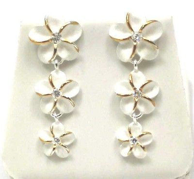 SILVER 925 HAWAIIAN 3 PLUMERIA FLOWER DANGLE EARRINGS CZ 12mm 10mm 8mm 2 TONE