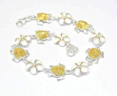 SILVER 925 HAWAIIAN PLUMERIA SEA TURTLE BRACELET 2 TONE