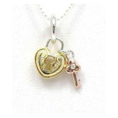 SILVER 925 TRICOLOR HAWAIIAN SCROLL YELLOW HEART LOCK PINK ROSE KEY PENDANT