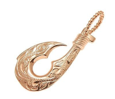 HEAVY SOLID 14K PINK ROSE GOLD REVERSIBLE HAWAIIAN SCROLL FISH HOOK PENDANT