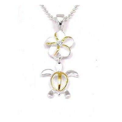 SILVER 925 8MM HAWAIIAN PLUMERIA FLOWER DANGLE HONU TURTLE PENDANT CZ 2T YELLOW