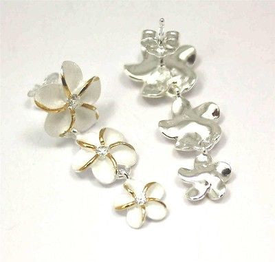 SILVER 925 HAWAIIAN 3 PLUMERIA FLOWER DANGLE EARRINGS CZ 12mm 10mm 8mm 2 TONE