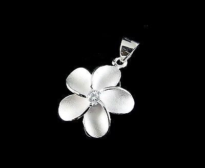 STERLING SILVER 925 HAWAIIAN SINGLE PLUMERIA FLOWER PENDANT CHARM WHITE CZ 15MM