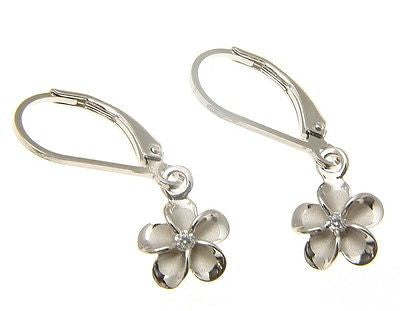 8MM STERLING SILVER 925 HAWAIIAN PLUMERIA FLOWER LEVERBACK EARRINGS RHODIUM