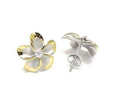 15MM STERLING SILVER 925 HAWAIIAN PLUMERIA EARRINGS RHODIUM YG