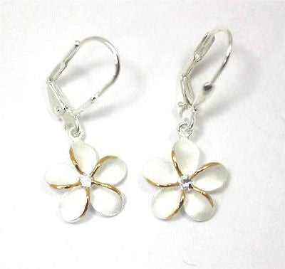 SILVER 925 HAWAIIAN PLUMERIA LEVERBACK EARRINGS CZ 15MM 2 TONE