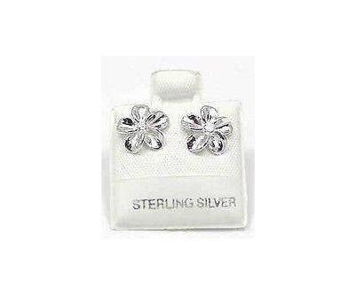 SILVER 925 SHINY HAWAIIAN PLUMERIA EARRING CZ 10MM