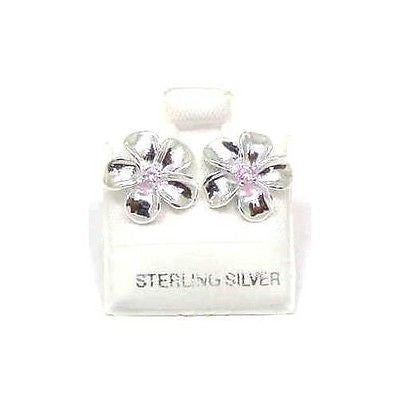 SILVER 925 SHINY HAWAIIAN PLUMERIA EARRING PINK CZ 12MM