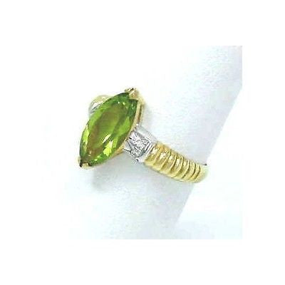 GENIUNE MARQUISE CUT PERIDOT & DIAMOND RING 18K YG