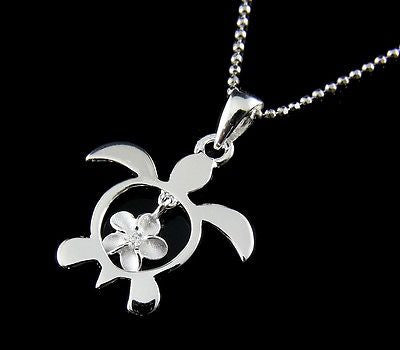 STERLING SILVER 925 HAWAIIAN HONU SEA TURTLE DANGLING PLUMERIA FLOWER CZ PENDANT