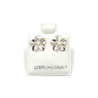 SILVER 925 SHINY HAWAIIAN PLUMERIA EARRING CZ 10MM 2T