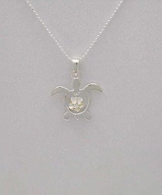 SILVER 2 TONE HAWAIIAN HONU TURTLE DANGLING PLUMERIA CZ