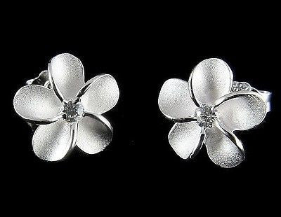 STERLING SILVER 925 HAWAIIAN PLUMERIA FLOWER CZ POST STUD EARRINGS 12MM