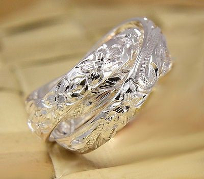 STERLING SILVER 925 3 IN 1 HAWAIIAN ENGRAVED PLUMERIA SCROLL MAILE LEAF RING