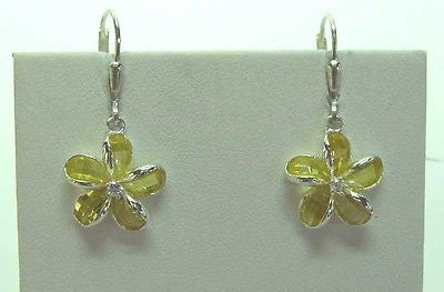925 SILVER FACET YELLOW NATURAL CRYSTAL PLUMERIA FLOWER LEVERBACK EARRINGS