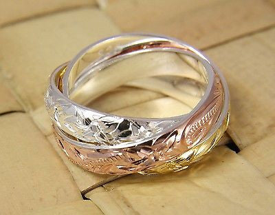 STERLING SILVER 925 TRICOLOR 3 IN 1 HAWAIIAN SCROLL PLUMERIA MAILE LEAF RING
