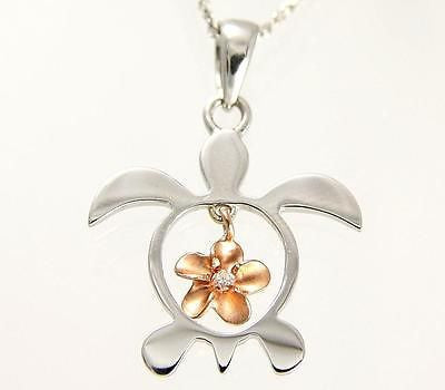 SOLID 14K WHITE GOLD HONU TURTLE PINK ROSE GOLD PLUMERIA FLOWER HAWAIIAN PENDANT