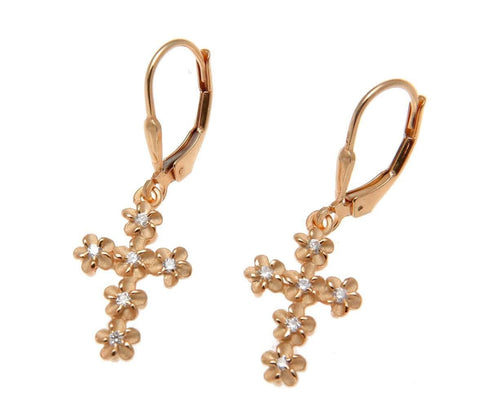 ROSE GOLD STERLING SILVER 925 HAWAIIAN PLUMERIA FLOWER CROSS LEVERBACK EARRINGS