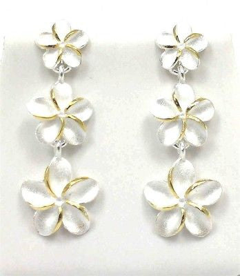 SILVER 925 HAWAIIAN 3 PLUMERIA FLOWER DANGLE EARRINGS 8mm 10mm 12mm 2TONE